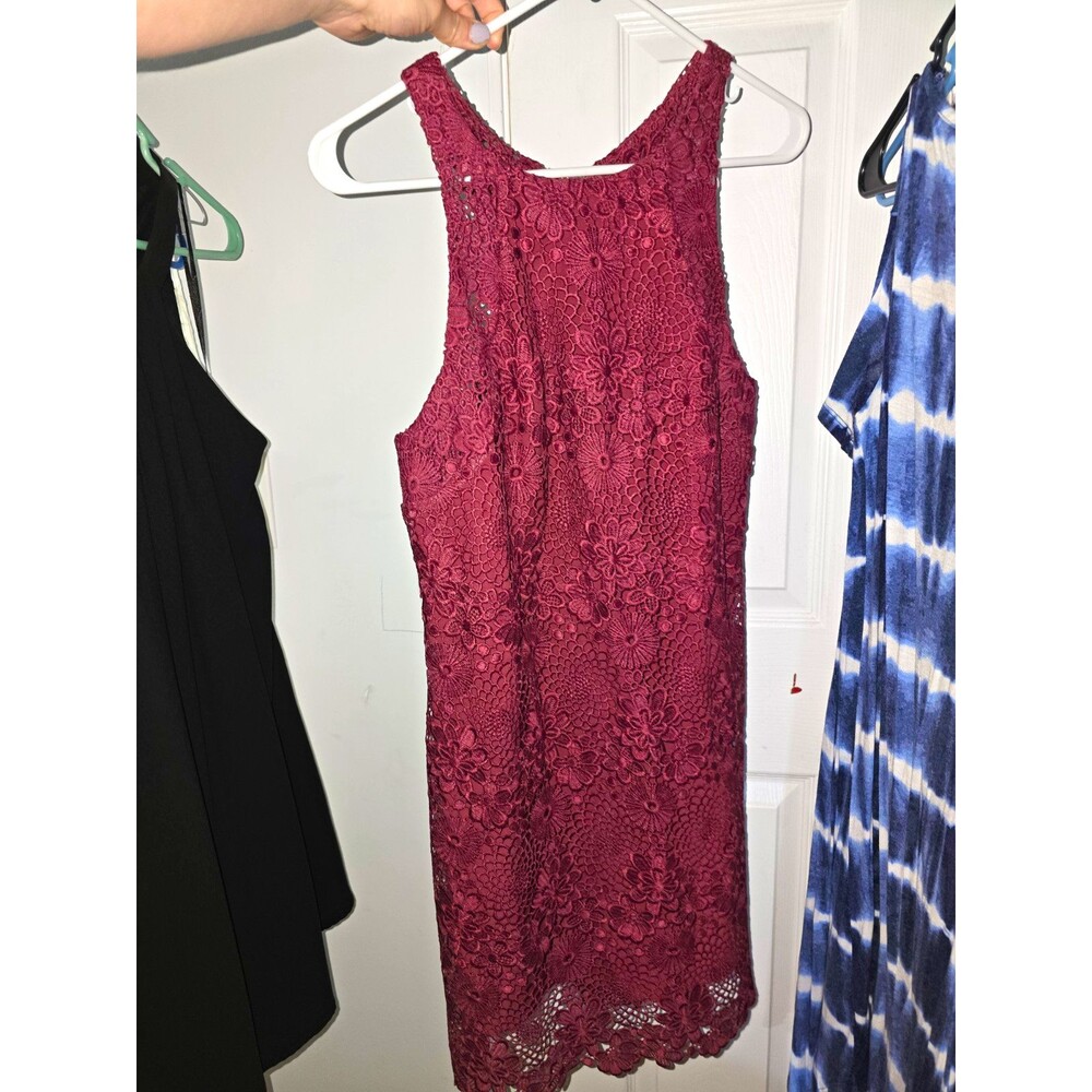 Rose Burgundy Floral Lace High Neck Sleeveless Sheath Knee Length Dress S